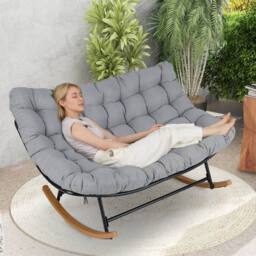Gymax Double Papasan Rocking Chair for 2 With Thick Cushion for Outdoor in Grey - thumbnail 6