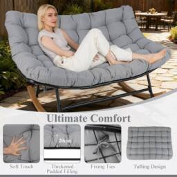 Gymax Double Papasan Rocking Chair for 2 With Thick Cushion for Outdoor in Grey - thumbnail 3