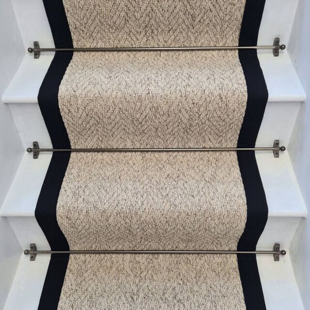 RainbowHome Herringbone Berber Beige Stain Free Stair Runner With 100% Black Cotton Border - Size: 70 cm x 600 cm - image 1