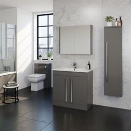 Clifton Grey Gloss Wall Mounted Tall Unit 1400mm High x 355mm Wide - thumbnail 2