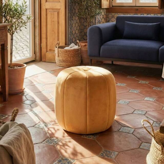 Wyld and Coco Mustard Velvet Round Pouffe in Yellow - image 1