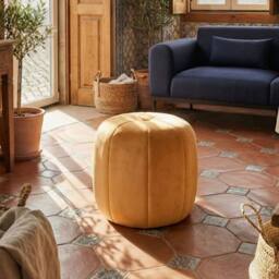 Wyld and Coco Mustard Velvet Round Pouffe in Yellow