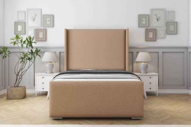 "Sloomy Devonshire Dumfries Bed Frame With 50"" Upholstered Wingback Headboard in Light Brown - Size: Small Single" - image 1