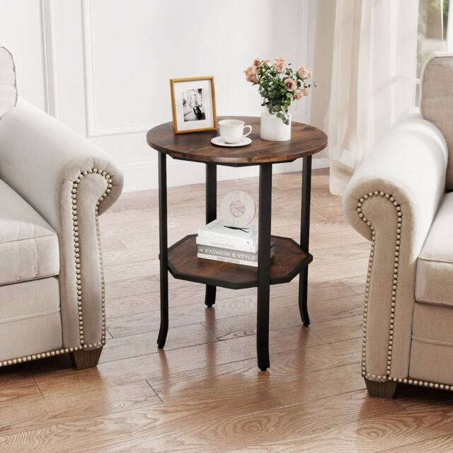 Costway Wooden Round Side Table 2-Tier End Table with Storage Shelf in Brown - image 1