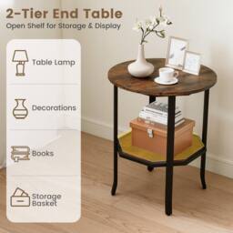 Costway Wooden Round Side Table 2-Tier End Table with Storage Shelf in Brown - thumbnail 5