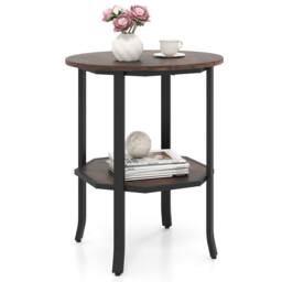 Costway Wooden Round Side Table 2-Tier End Table with Storage Shelf in Brown - thumbnail 2