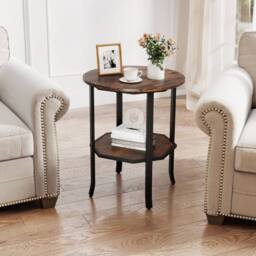 Costway Wooden Round Side Table 2-Tier End Table with Storage Shelf in Brown