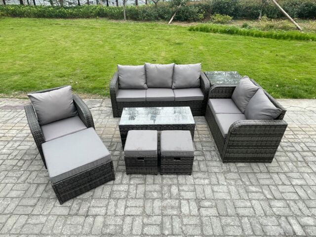 Fimous 9 Seater High Back Rattan Garden Furniture Set w/ Loveseat Sofa Rectangular Coffee Table Side Table 3 Footstools Outdoor Patio Lounge Sofa Set - image 1