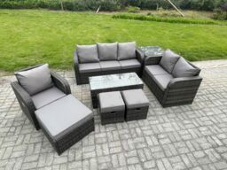 Fimous 9 Seater High Back Rattan Garden Furniture Set w/ Loveseat Sofa Rectangular Coffee Table Side Table 3 Footstools Outdoor Patio Lounge Sofa Set - thumbnail 2
