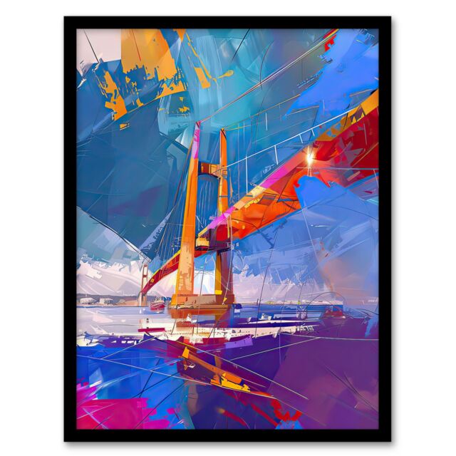 "Artery8 Abstract Bridge Colourful Palette Knife Painting Framed Art Print in Blue - Size: W12"" x H16""" - image 1