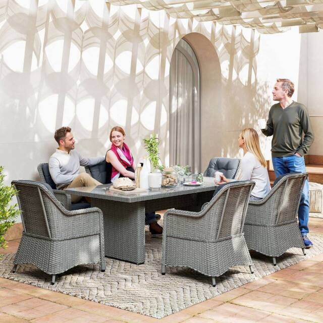OUTSUNNY 6 Seater Rattan Dining Set with Glass Top Table & Cushions, Grey - Size: 7 Pack - image 1