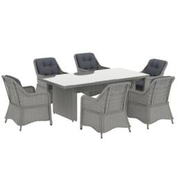 OUTSUNNY 6 Seater Rattan Dining Set with Glass Top Table & Cushions, Grey - Size: 7 Pack - thumbnail 2