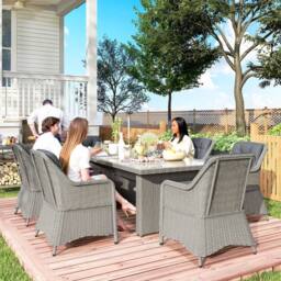 OUTSUNNY 6 Seater Rattan Dining Set with Glass Top Table & Cushions, Grey - Size: 7 Pack - thumbnail 7