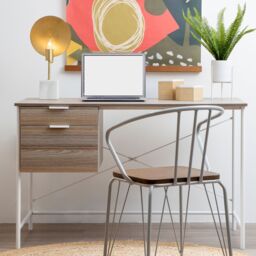 Premier Housewares Natural Oak Veneer Writing Desk With Drawers, Office Table, Sleek White Metal Frame Desk, Storage Workstation in Grey