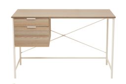 Premier Housewares Natural Oak Veneer Writing Desk With Drawers, Office Table, Sleek White Metal Frame Desk, Storage Workstation in Grey - thumbnail 2