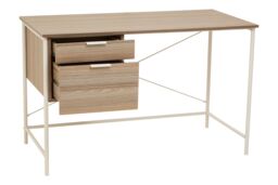 Premier Housewares Natural Oak Veneer Writing Desk With Drawers, Office Table, Sleek White Metal Frame Desk, Storage Workstation in Grey - thumbnail 3