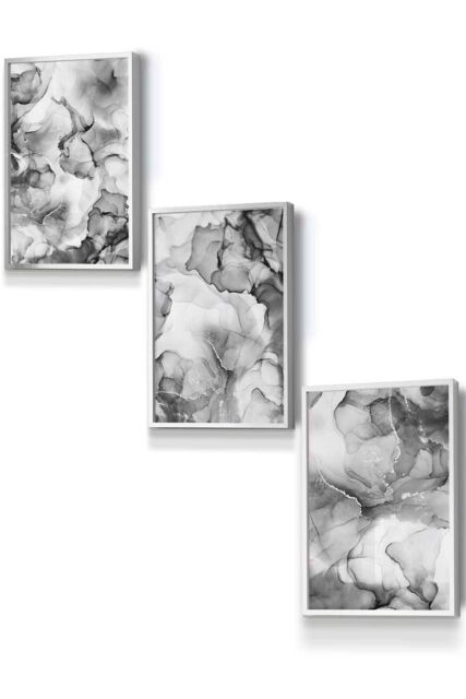 ARTZE Set of 3 Silver Framed Abstract Floral Fluid in Grey Wall Art in Mid Grey - Size: W33 cm x H45 cm x D20mm - image 1