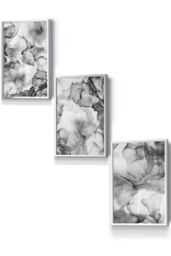 ARTZE Set of 3 Silver Framed Abstract Floral Fluid in Grey Wall Art in Mid Grey - Size: W33 cm x H45 cm x D20mm