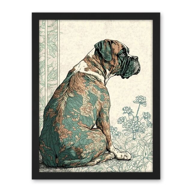"Artery8 Wall Art Print Boxer Dog with Floral Pattern Fur Coat Modern Watercolour & Ink Large Framed Wall Décor Art in White - Size: W18"" x H24""" - image 1