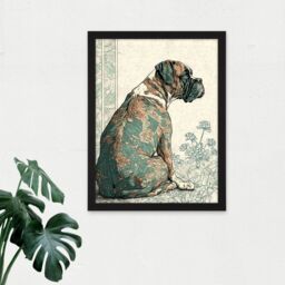 "Artery8 Wall Art Print Boxer Dog with Floral Pattern Fur Coat Modern Watercolour & Ink Large Framed Wall Décor Art in White - Size: W18"" x H24""" - thumbnail 2