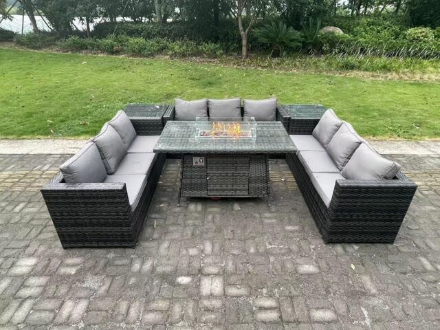 Fimous Outdoor Rattan Gas Fire Pit Dining Table Gas Heater Sets Side Tables 9 Seater in Dark Grey - image 1