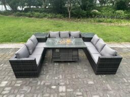 Fimous Outdoor Rattan Gas Fire Pit Dining Table Gas Heater Sets Side Tables 9 Seater in Dark Grey - thumbnail 3