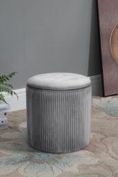 Living and Home Grey Maegan Velvet Round Storage Footstool - thumbnail 3