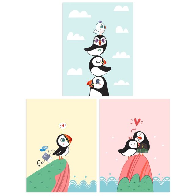 Artery8 Wall Art Print Pack of 3 A4 Kids Bedroom Nursery Cute Puffin Aquatic Birds Scottish Family Couple Explorer Pastel Colour Living Room s Set - image 1