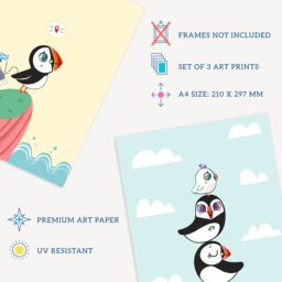 Artery8 Wall Art Print Pack of 3 A4 Kids Bedroom Nursery Cute Puffin Aquatic Birds Scottish Family Couple Explorer Pastel Colour Living Room s Set - thumbnail 4