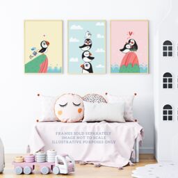 Artery8 Wall Art Print Pack of 3 A4 Kids Bedroom Nursery Cute Puffin Aquatic Birds Scottish Family Couple Explorer Pastel Colour Living Room s Set - thumbnail 2
