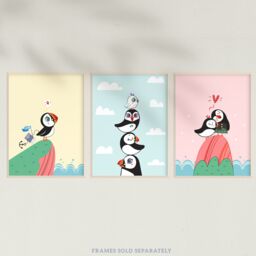 Artery8 Wall Art Print Pack of 3 A4 Kids Bedroom Nursery Cute Puffin Aquatic Birds Scottish Family Couple Explorer Pastel Colour Living Room s Set - thumbnail 5