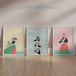 Artery8 Wall Art Print Pack of 3 A4 Kids Bedroom Nursery Cute Puffin Aquatic Birds Scottish Family Couple Explorer Pastel Colour Living Room s Set - thumbnail 6