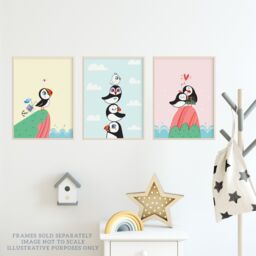 Artery8 Wall Art Print Pack of 3 A4 Kids Bedroom Nursery Cute Puffin Aquatic Birds Scottish Family Couple Explorer Pastel Colour Living Room s Set - thumbnail 3