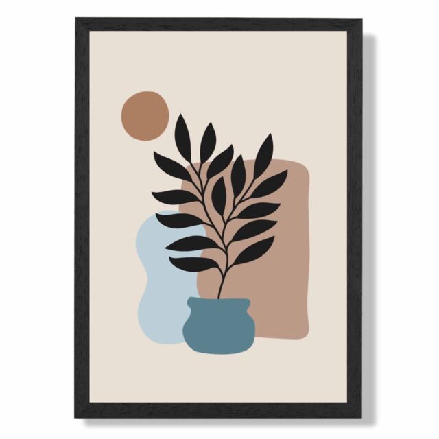 ARTZE Beige, Blue & Brown Boho Graphical Floral Framed Print SIZE: A2 with Black Frame - Size: A4 - image 1