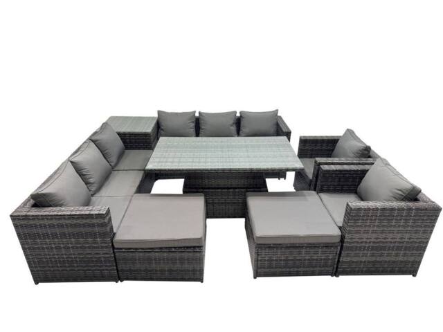Fimous 10 Seater Outdoor Garden Rattan Furniture Set with Side Table 2 Stool in Dark Grey - image 1