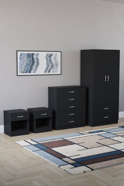 Home Discount Riano 4 Piece Bedroom Set - 1 Drawer Bedside, 5 Drawer Chest, Wardrobe in Black - image 1