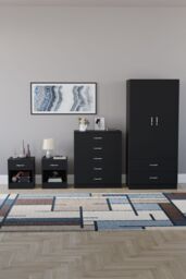 Home Discount Riano 4 Piece Bedroom Set - 1 Drawer Bedside, 5 Drawer Chest, Wardrobe in Black - thumbnail 4