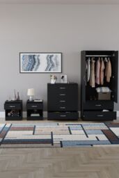 Home Discount Riano 4 Piece Bedroom Set - 1 Drawer Bedside, 5 Drawer Chest, Wardrobe in Black - thumbnail 3