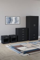 Home Discount Riano 4 Piece Bedroom Set - 1 Drawer Bedside, 5 Drawer Chest, Wardrobe in Black - thumbnail 1