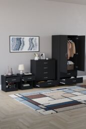 Home Discount Riano 4 Piece Bedroom Set - 1 Drawer Bedside, 5 Drawer Chest, Wardrobe in Black - thumbnail 2