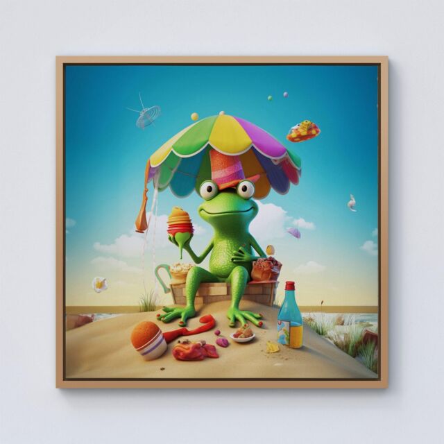 Warren Reed - Designer Frog On A Beach Holiday Framed Canvas in Light Brown - Size: w40 inch x h40 inch - image 1