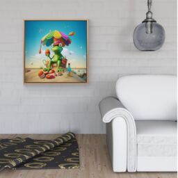 Warren Reed - Designer Frog On A Beach Holiday Framed Canvas in Light Brown - Size: w40 inch x h40 inch - thumbnail 2