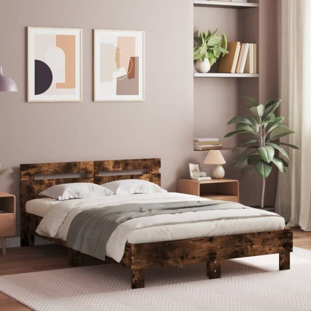 Berkfield Home Bed Frame with LED without Mattress Smoked Oak 120x190 cm Small Double in Brown - image 1