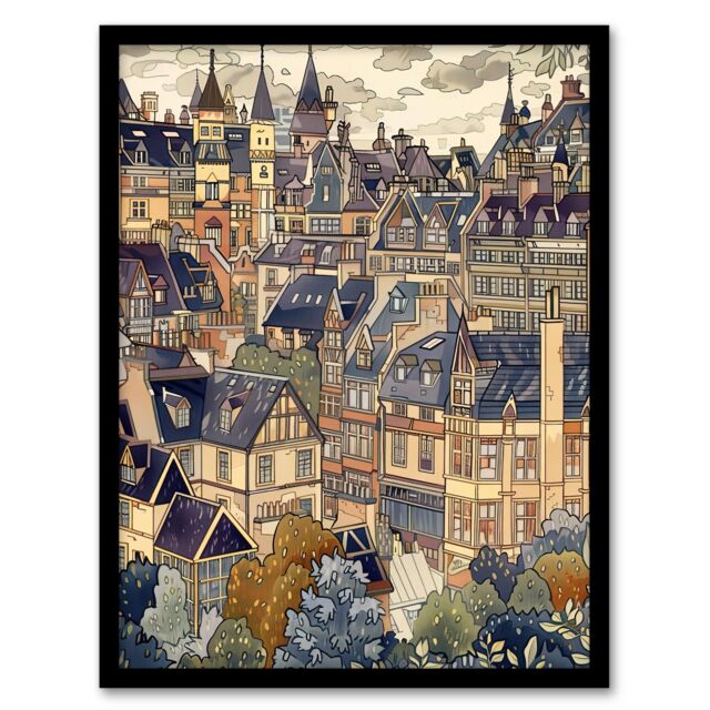 Artery8 Cityscape Painting of Townhouses in Trees Framed Art Print in Beige - Size: A4 - image 1