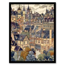 Artery8 Cityscape Painting of Townhouses in Trees Framed Art Print in Beige - Size: A4 - thumbnail 1