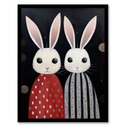 Artery8 Wall Art Print White Bunny Rabbits in Dresses Painting Red Black Kids Framed Art - Size: A4 - thumbnail 1