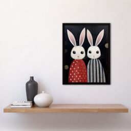 Artery8 Wall Art Print White Bunny Rabbits in Dresses Painting Red Black Kids Framed Art - Size: A4 - thumbnail 4