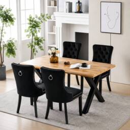 HomeTouch Weston Modern Live Edge Dining Table 140cm, Oak Wood Veneer Kitchen Table with Sturdy Metal Legs, Industrial Rectangular Dinner Table - thumbnail 4