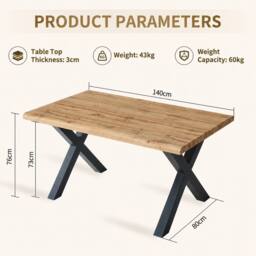 HomeTouch Weston Modern Live Edge Dining Table 140cm, Oak Wood Veneer Kitchen Table with Sturdy Metal Legs, Industrial Rectangular Dinner Table - thumbnail 5