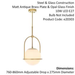 Loops Antique Brass Ceiling Pendant Light - Opal Glass Shade - Single Bulb Fitting in Clear - thumbnail 2